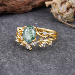 Nature-Inspired Oval Cut Natural Moss Agate Engagement Ring Set