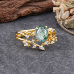 Nature-Inspired Oval Cut Natural Moss Agate Engagement Ring Set