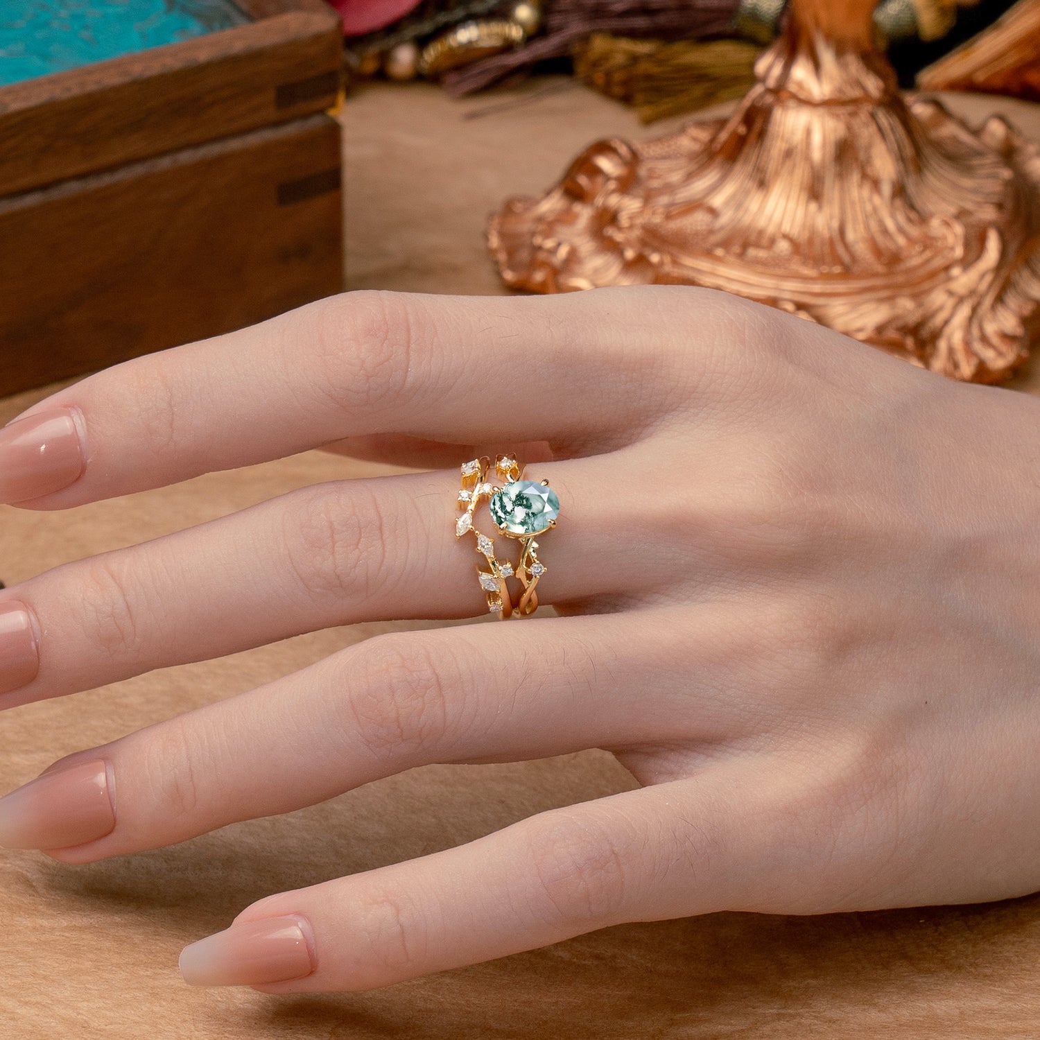 Nature-Inspired Oval Cut Natural Moss Agate Engagement Ring Set