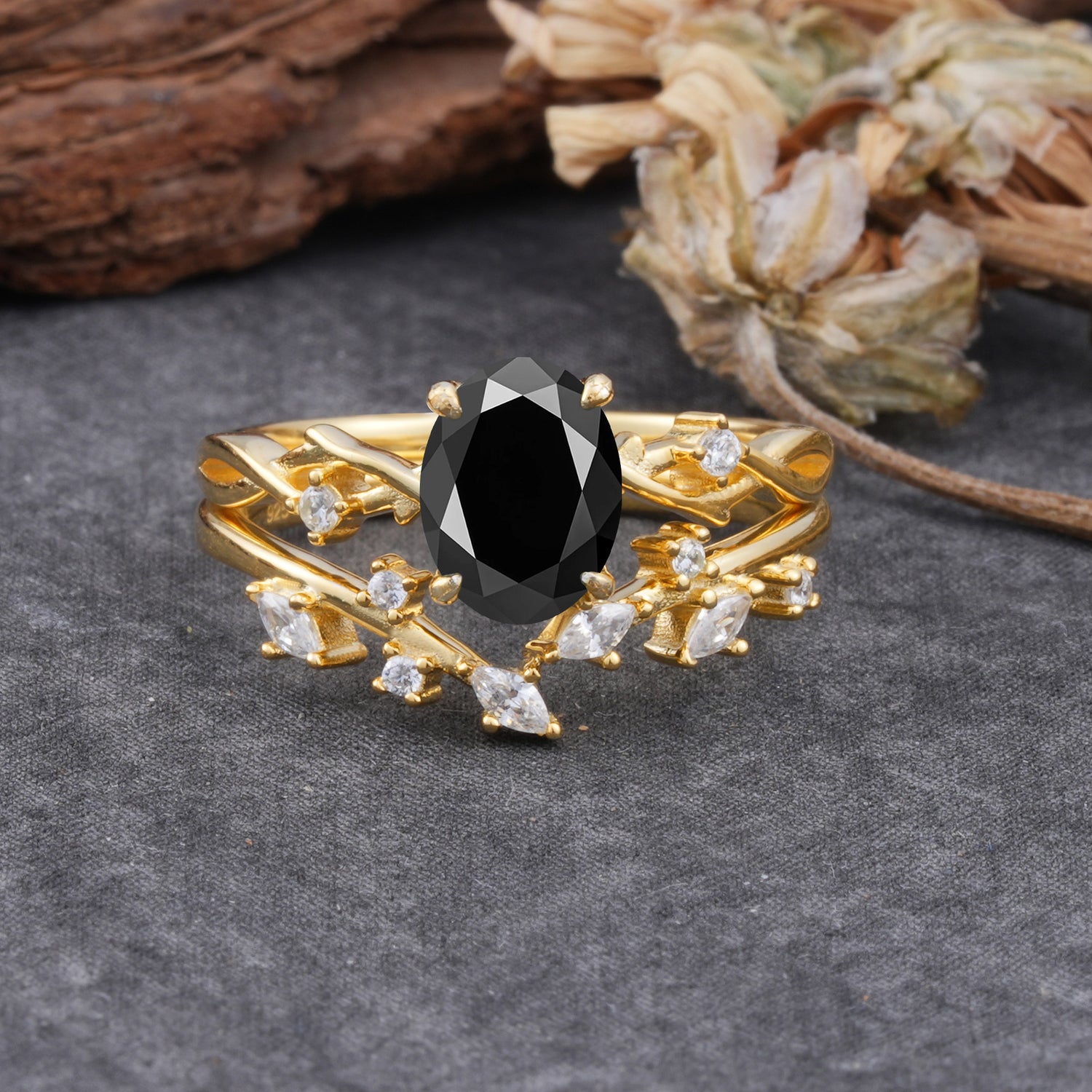 Nature-Inspired Oval Cut 4 Prong Black Onyx Bridal Ring Set