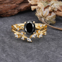 Nature-Inspired Oval Cut 4 Prong Black Onyx Engagement Ring Set
