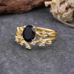 Nature-Inspired Oval Cut 4 Prong Black Onyx Engagement Ring Set