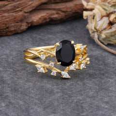 Nature-Inspired Oval Cut 4 Prong Black Onyx Engagement Ring Set