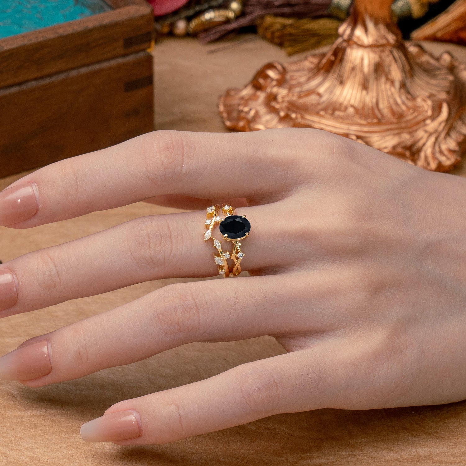 Nature-Inspired Oval Cut 4 Prong Black Onyx Bridal Ring Set