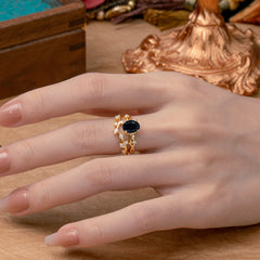 Nature-Inspired Oval Cut 4 Prong Black Onyx Engagement Ring Set