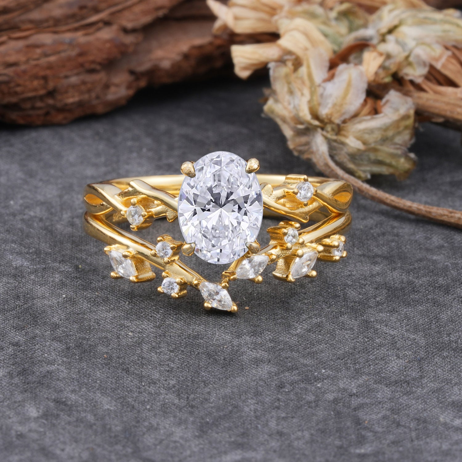 Nature-Inspired Oval Cut 4 Prong Lab Diamond Bridal Ring Set
