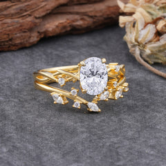 Nature-Inspired Oval Cut 4 Prong Lab Diamond Engagement Ring Set