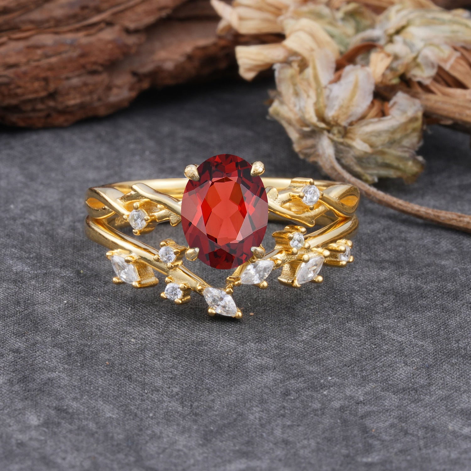 Nature-Inspired Oval Cut 4 Prong Garnet Bridal Ring Set