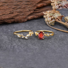 Nature-Inspired Oval Cut 4 Prong Garnet Engagement Ring Set
