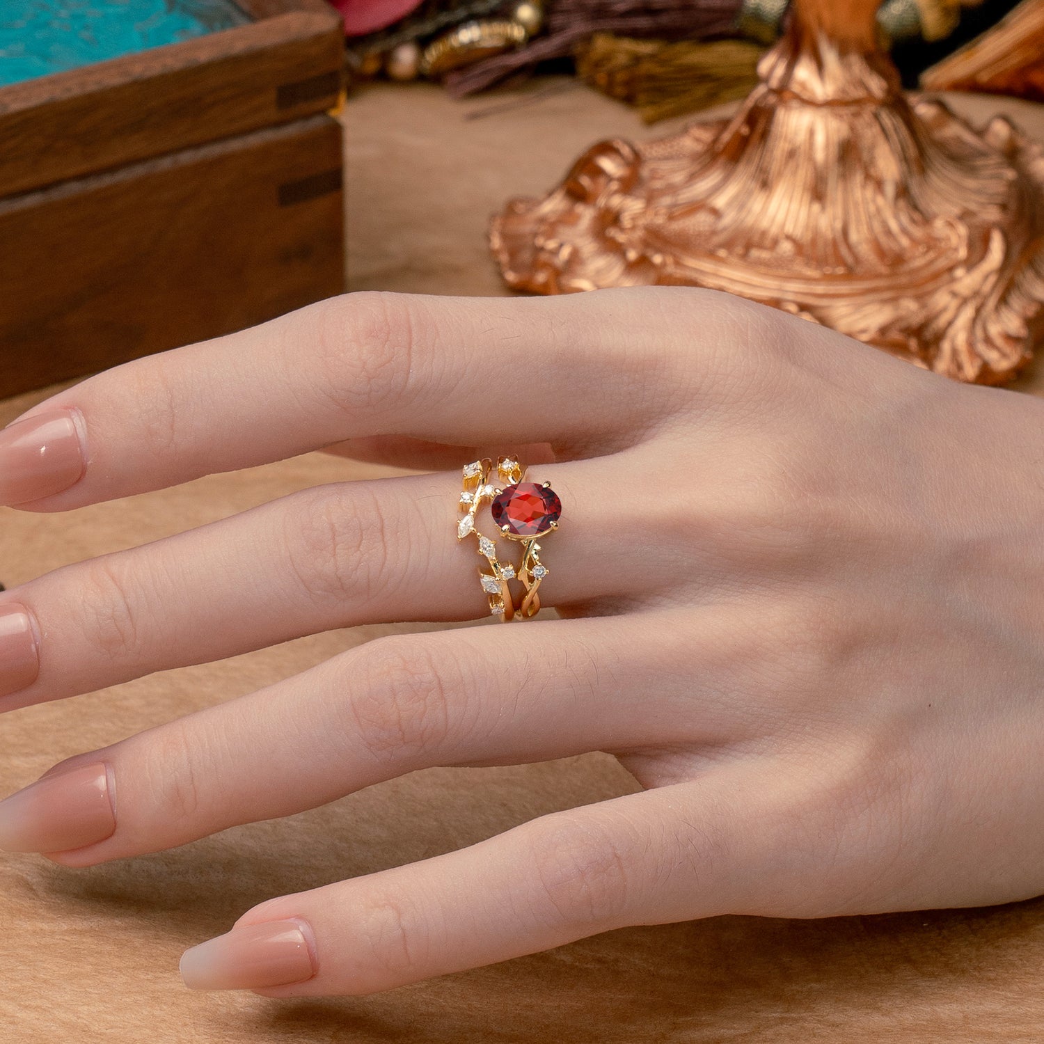 Nature-Inspired Oval Cut 4 Prong Garnet Bridal Ring Set