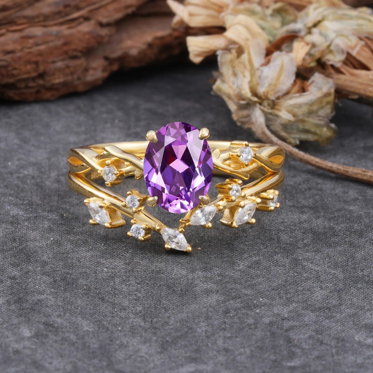 Nature-Inspired Oval Cut 4 Prong Amethyst Bridal Ring Set