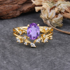 Nature-Inspired Oval Cut 4 Prong Amethyst Engagement Ring Set