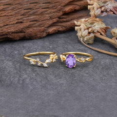 Nature-Inspired Oval Cut 4 Prong Amethyst Engagement Ring Set