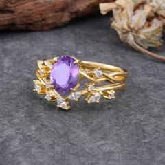 Nature-Inspired Oval Cut 4 Prong Amethyst Engagement Ring Set