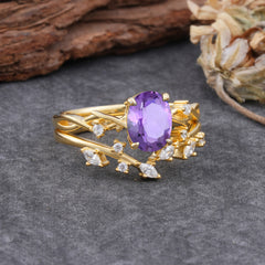 Nature-Inspired Oval Cut 4 Prong Amethyst Engagement Ring Set