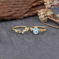 Nature-Inspired Oval Cut 4 Prong Aquamarine Engagement Ring Set