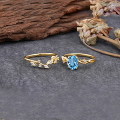 Nature-Inspired Oval Cut 4 Prong Aquamarine Engagement Ring Set