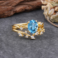 Nature-Inspired Oval Cut 4 Prong Aquamarine Engagement Ring Set