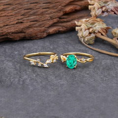 Nature-Inspired Oval Cut 4 Prong Emerald Engagement Ring Set