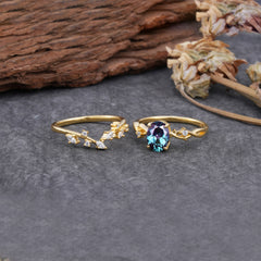Nature-Inspired Oval Cut 4 Prong Alexandrite Engagement Ring Set