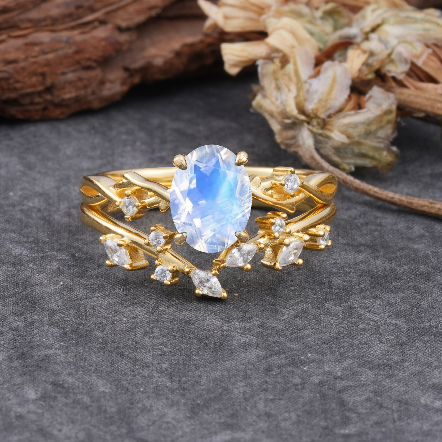 Nature-Inspired Oval Cut 4 Prong Moonstone Bridal Ring Set