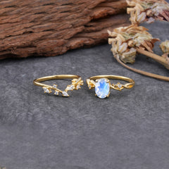Nature-Inspired Oval Cut 4 Prong Moonstone Engagement Ring Set