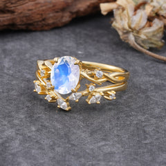 Nature-Inspired Oval Cut 4 Prong Moonstone Engagement Ring Set