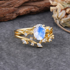 Nature-Inspired Oval Cut 4 Prong Moonstone Engagement Ring Set