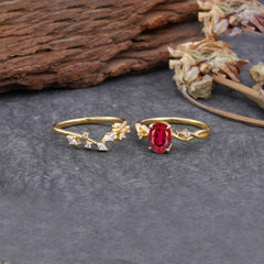 Nature-Inspired Oval Cut 4 Prong Ruby Engagement Ring Set
