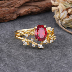 Nature-Inspired Oval Cut 4 Prong Ruby Engagement Ring Set