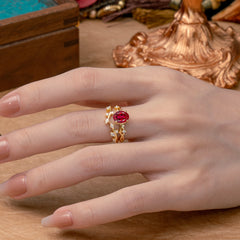 Nature-Inspired Oval Cut 4 Prong Ruby Engagement Ring Set