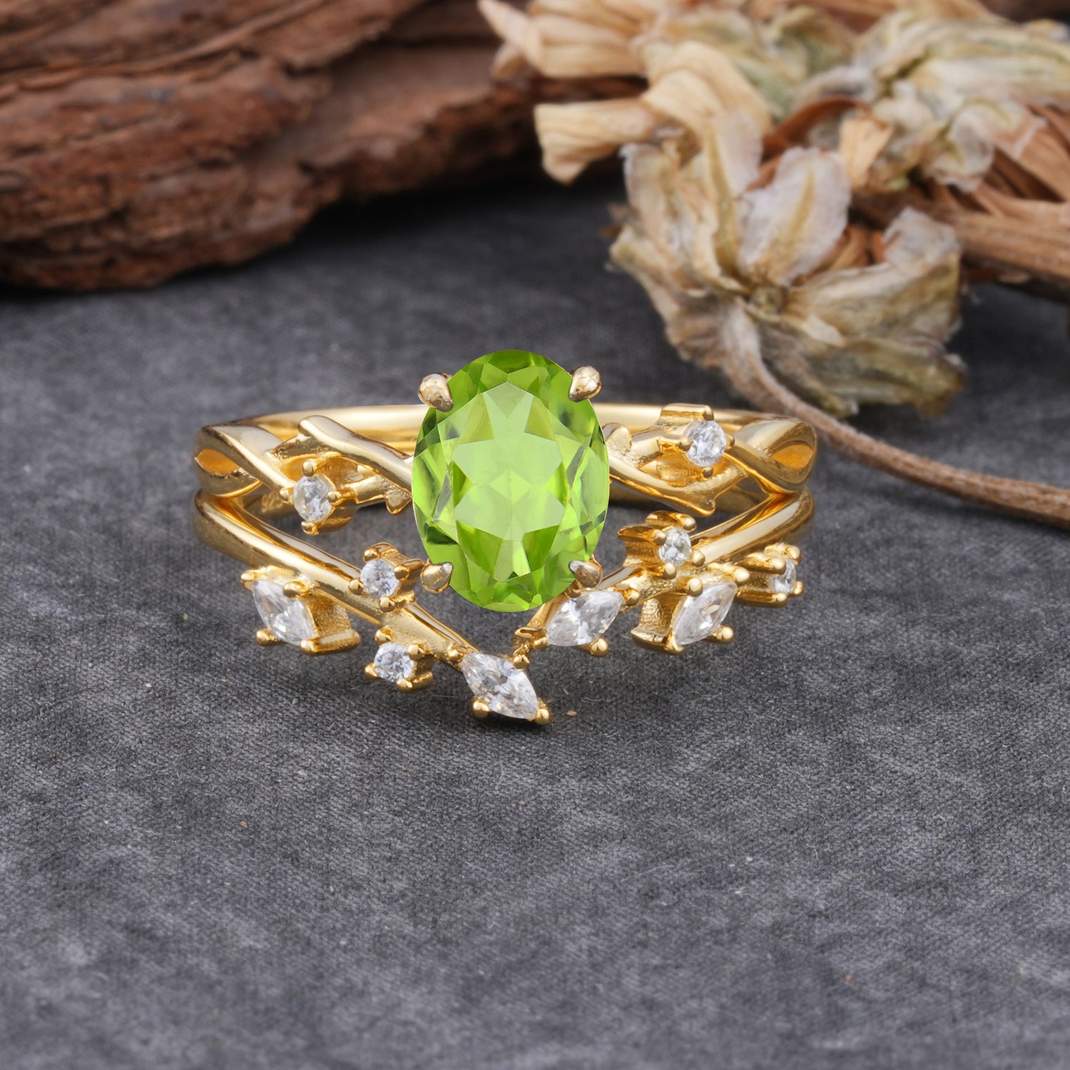Nature-Inspired Oval Cut 4 Prong Peridot Bridal Ring Set