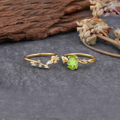 Nature-Inspired Oval Cut 4 Prong Peridot Engagement Ring Set