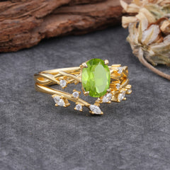 Nature-Inspired Oval Cut 4 Prong Peridot Engagement Ring Set