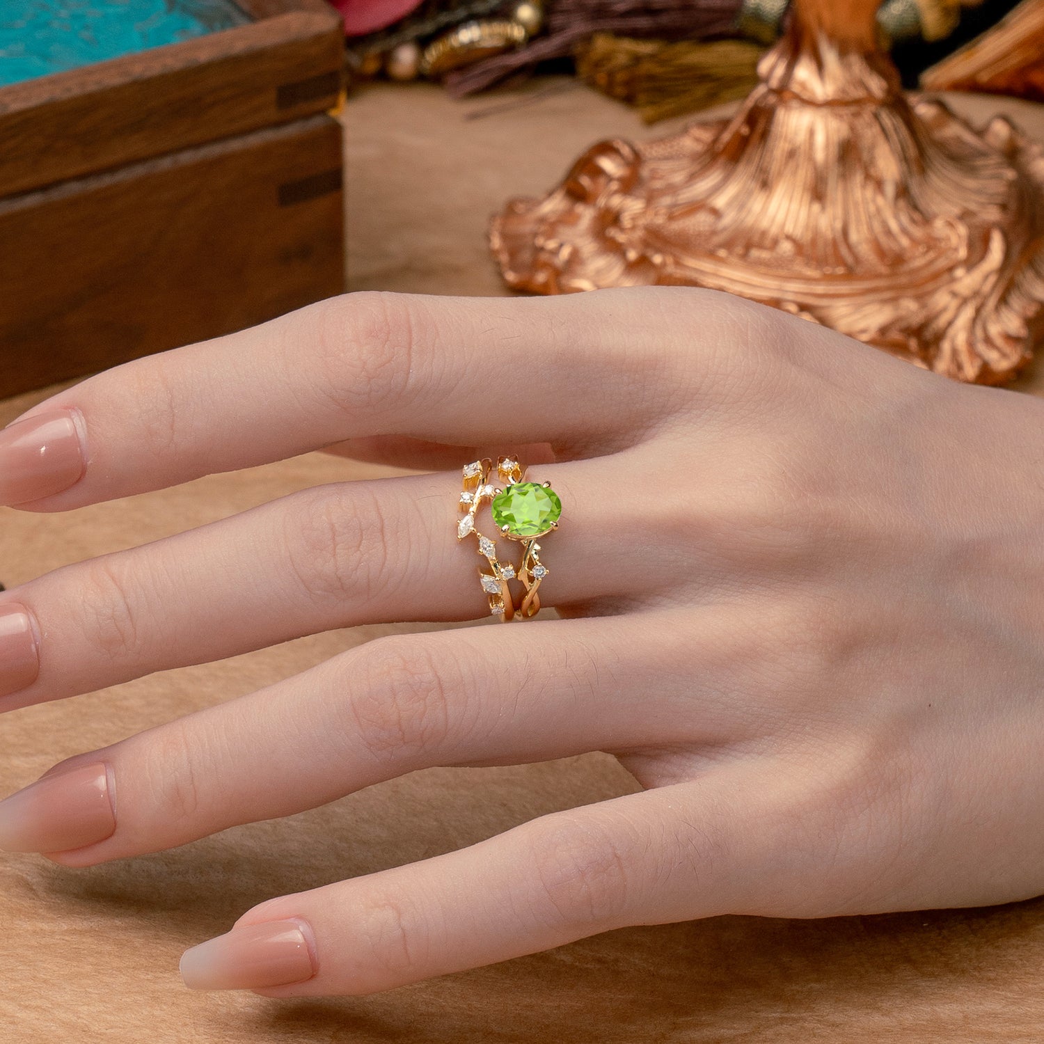 Nature-Inspired Oval Cut 4 Prong Peridot Bridal Ring Set