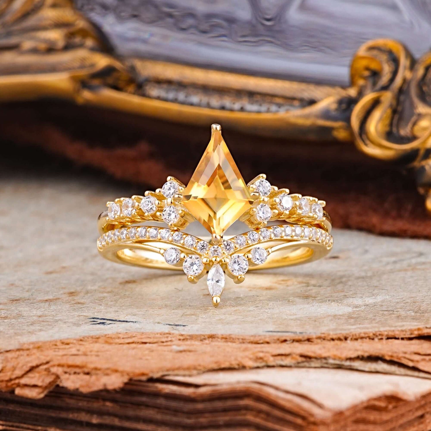 Luxury Kite-Cut Citrine Bridal Ring Set