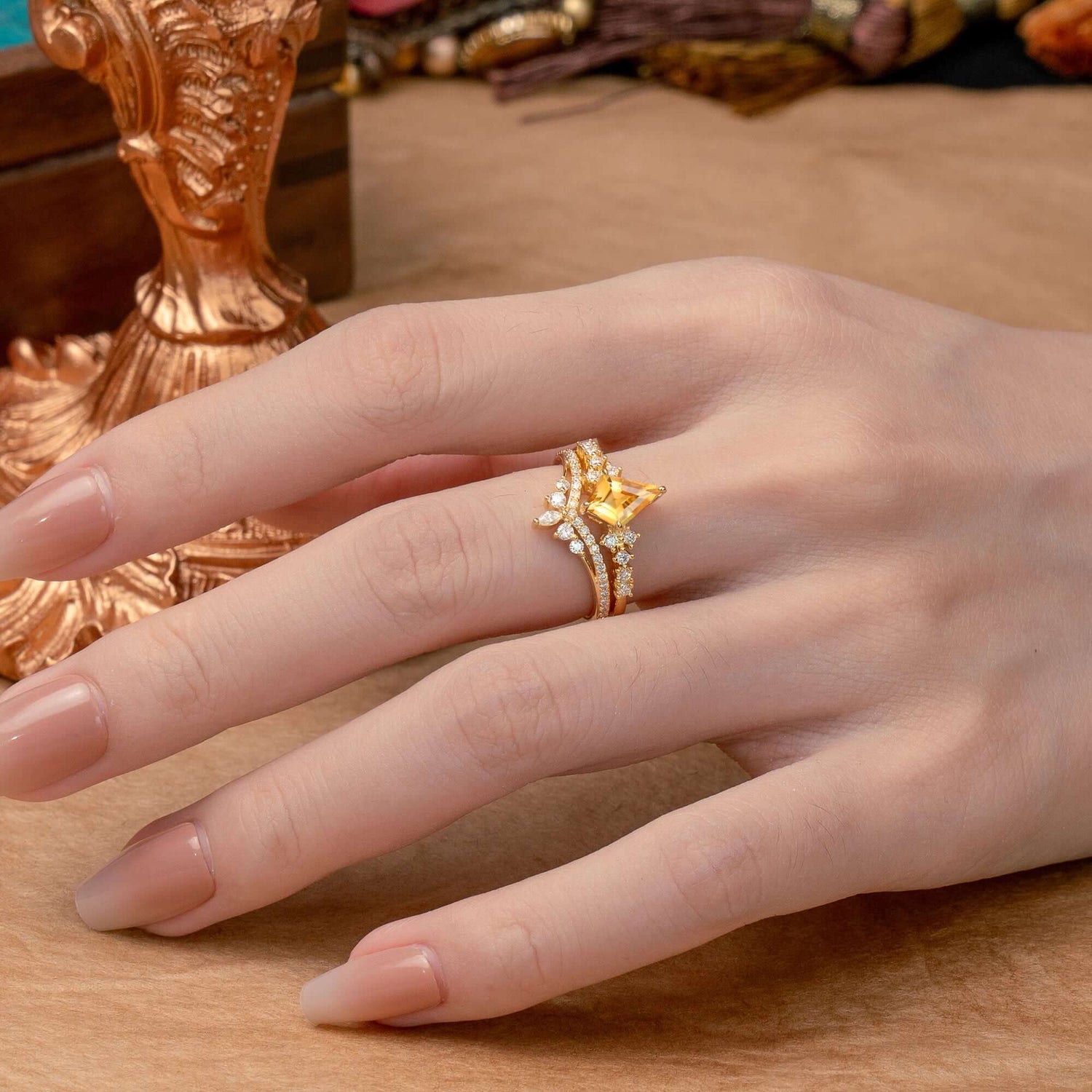 Luxury Kite-Cut Citrine Bridal Ring Set