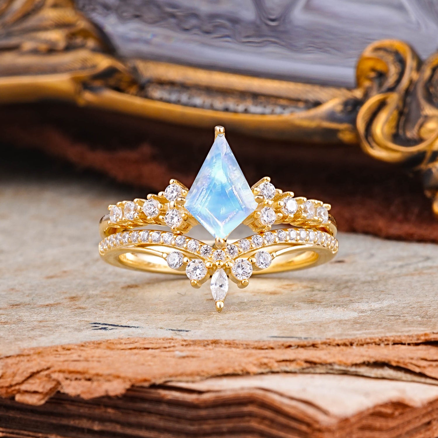 Luxury Kite-Cut Natural Moonstone Bridal Ring Set - Romalar Jewelry