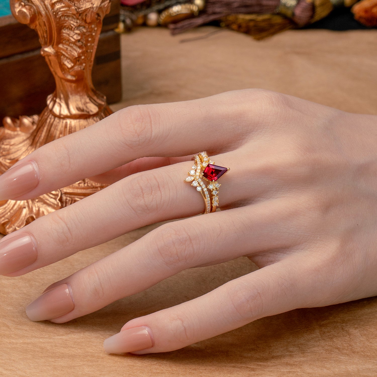 Luxury Kite-Cut Ruby Bridal Ring Set
