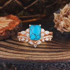 Luxury Vintage 4-Prong Emerald-Cut Turquoise Ring Set