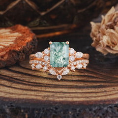 Luxury Vintage 4-Prong Emerald-Cut Natural Moss Agate Ring Set