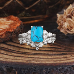 Luxury Vintage 4-Prong Emerald-Cut Turquoise Ring Set