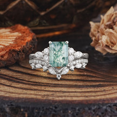 Luxury Vintage 4-Prong Emerald-Cut Natural Moss Agate Ring Set
