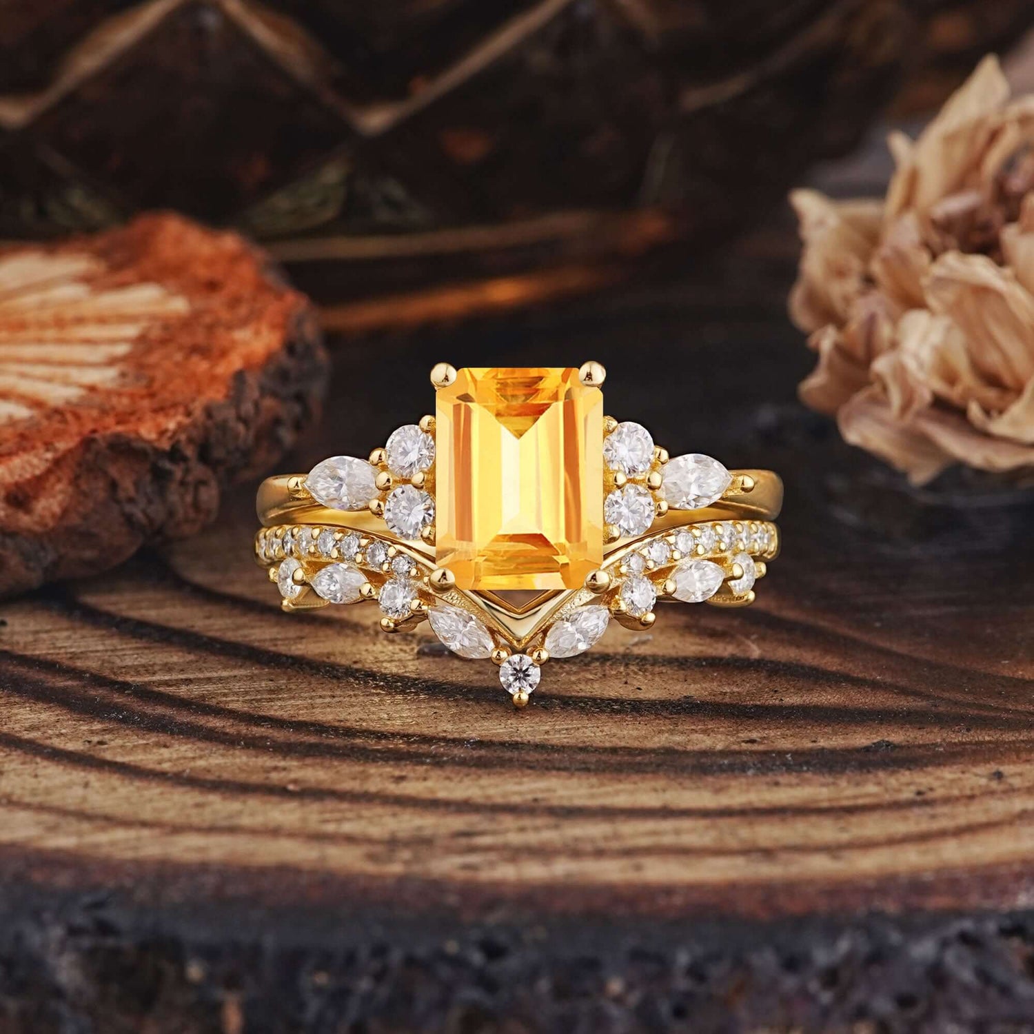 Luxury Vintage 4-Prong Emerald-Cut Citrine Bridal Ring Set