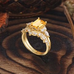 Luxury Vintage 4-Prong Emerald-Cut Citrine Ring Set