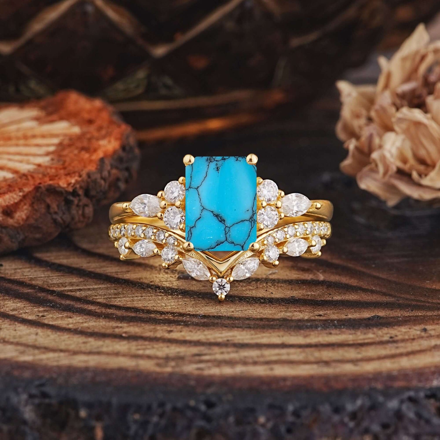 Luxury Vintage 4-Prong Emerald-Cut Turquoise Bridal Ring Set