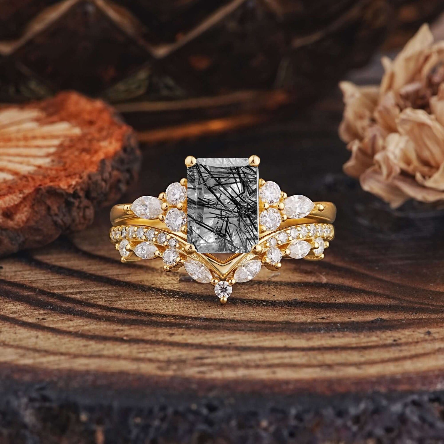 Luxury Vintage 4-Prong Emerald-Cut Black Rutilated Quartz Ring Set