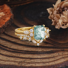 Luxury Vintage 4-Prong Emerald-Cut Natural Moss Agate Ring Set