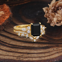 Luxury Vintage 4-Prong Emerald-Cut Black Onyx Ring Set