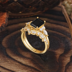 Luxury Vintage 4-Prong Emerald-Cut Black Onyx Ring Set